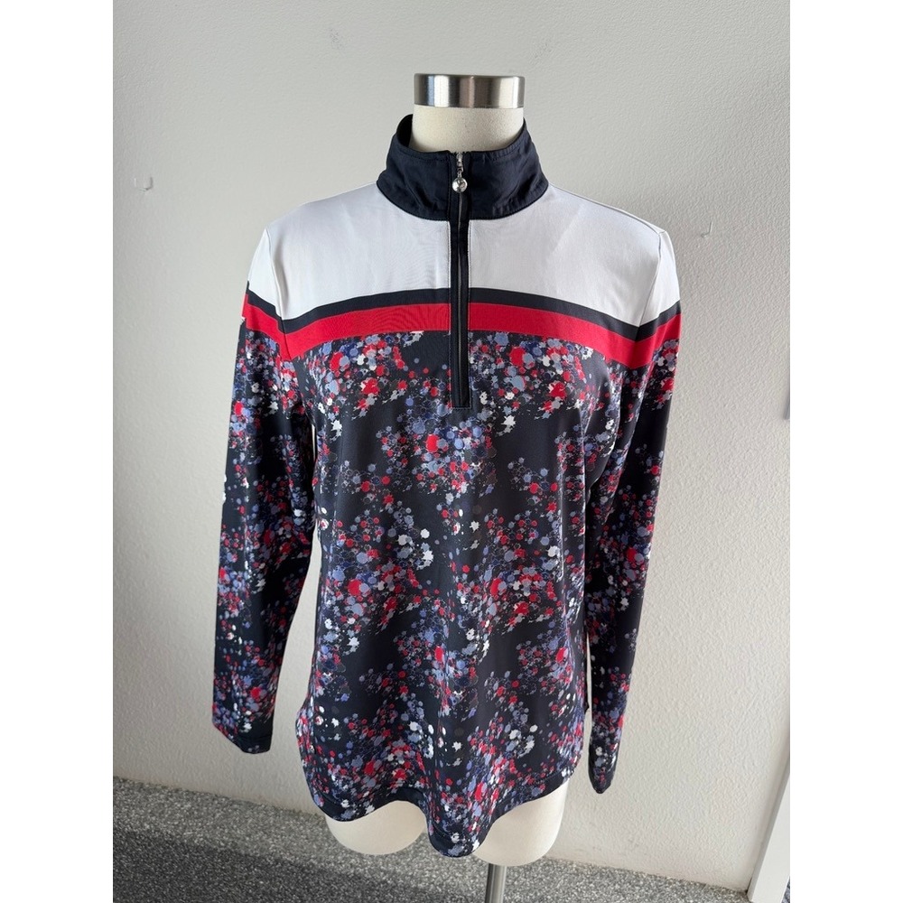Daily Sports Sweden Womens Large Blue Geometric Quarter Zip Golf Shirt Mock Neck